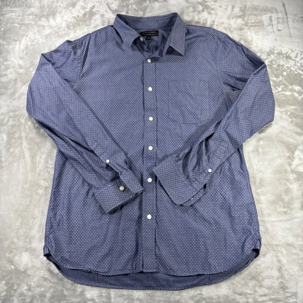 Banana Republic Mens Soft Wash Tailored Slim Fit Blue Diamond Pattern Shirt L